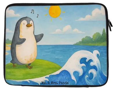 Produktbild von Mr. & Mrs. Panda Laptop Tasche Pinguin Surfer Design 20 x 28 cm - Weiß - Geschenk, Hawaii, Urlaub, Surfen, Portugal, Laptoptasche, Motiviert, Laptophülle, Sleeve, Hülle
