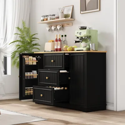 Immagine prodotto di Merax: credenza moderna, cassettiera con 3 cassetti e ante simili a quelle di un frigorifero, mobile da sala da pranzo, soggiorno e ingresso, nero