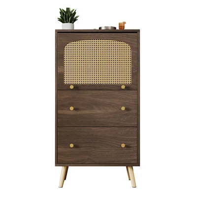 Produktbild von Sideboard mit Rattandetails Zwei Schubladen Schiebetür und Goldenen Beinen Kommode für Schlafzimmer 60 x 40 x 113 cm