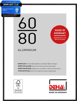A product information card for a picture frame, showing its dimensions, material, and origin.