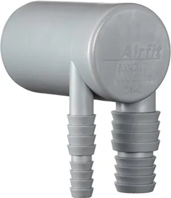 A gray plastic pipe fitting with ribbed hose connectors.