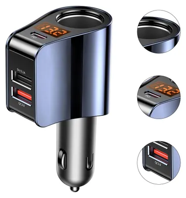 Produktbild von 4 in 1 Zigarettenanzünder USB-C 128W Auto Ladegerät Adapter,Kfz Schnellladung Steckdose mit Spannungsanzeige für iPhone Samsung Huawei GPS Dash Kamera