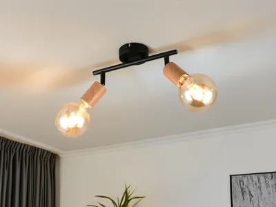 Produktbild von LED Deckenstrahler 2-flammig Deckenspots Metall in Schwarz & Holzoptik, B: 35cm