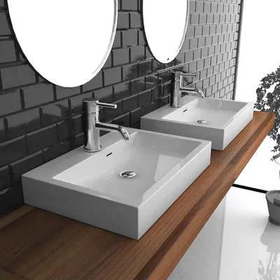 Produktbild von Alpenberger Eckiges Design Aufsatz Waschbecken | Modernes Badwaschbecken aus Mineralguss | Toilettenwaschbecken 60x42 cm | Eckiger Waschtisch für Badezimmer & Gäste WC | Lavabo Weiß