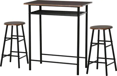 Produktbild von Bartisch Set 3-teilig Esstisch mit 2 Barhocker Essgruppe Küchentisch und Stühle Stehtisch und Barhocker mit Lagerregal Metall 80 x 50 x 90 cm Schwarz