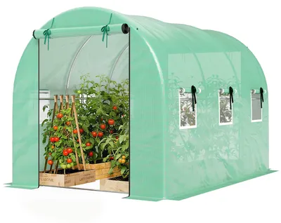 Image de Serre tunnel, serre en film PE, structure en acier galvanisé, serre en film de 300x200x200 cm avec 2 portes coulissantes, couleur vert | 15,5 kg | 6 fenêtres en filet | 140 g/m²