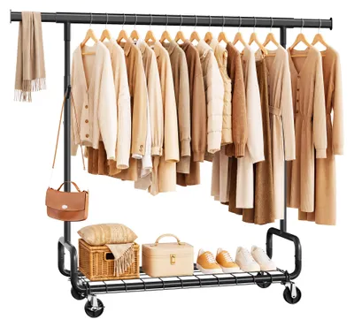 Produktbild von SONGMICS Kleiderständer, 1 ausziehbare Kleiderstange, verstellbare Höhe, Schwerlast-Garderobenständer, auf Rollen, mit Ablage, Haken, tintenschwarz