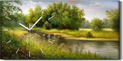 Produktbild von Wandkunst Leinwand Bild Uhr Geräuschlos 60x30 Gemälde Wald Bäume Fluss Natur - weiße Hände