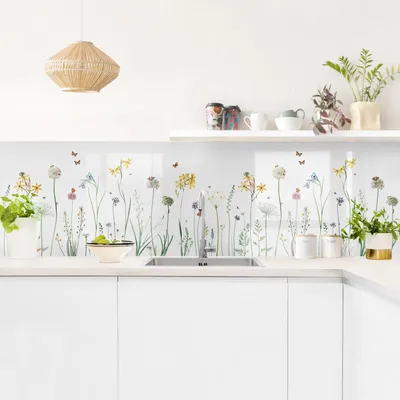 Produktbild von Küchenrückwand Blumen selbstklebend - 0.35 mm Wandpaneel wasserfest Schmetterling weiss Aquarell Spritzschutz fugenlos