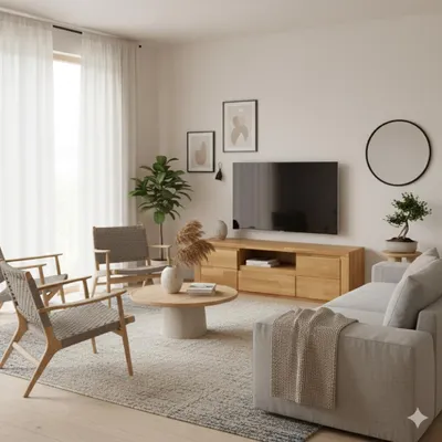 A modern living room with a sofa, chairs, coffee table, and entertainment center.