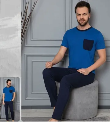 Produktbild von Herren Pyjama Schlafanzug Blau XL Baumwolle Kurz 2-Teiler Set C-33