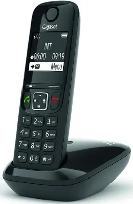 A black Gigaset AS690 analog/DECT cordless phone is shown resting on its charging base against a white background.