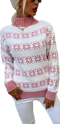 Produktbild von ASKSA Damen Weihnachten Pullover Strickpulli Hohem Kragen Langarm Jumper Sweater, B Rosa, M