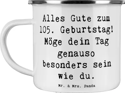 Produktbild von Mr. & Mrs. Panda Emaille Tasse Spruch 105. Geburtstag - Weiß - Geschenk, Meilenstein, Geburtstagsspruch, Pott, Teetasse, emaillebecher, Alles gut zum, liebevolle Wünsche