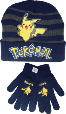 Produktbild von Pokemon Pikachu Jungen Herbst Wintermütze plus Handschuhe Gr. 54/56 – Blau / 54/56