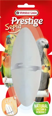 The image shows the packaging of a Versele Laga Sepia Mineral product for parrots, with a sepia block prominently displayed and images of parrots around it.