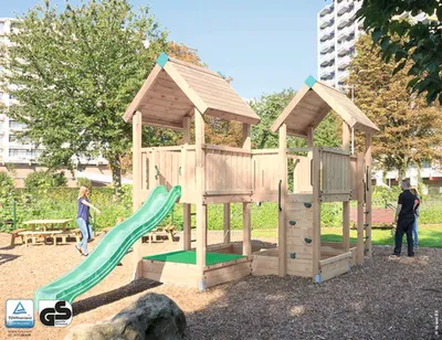 Produktbild von Spielhaus mit Stelzen P6 Douglasie HY-Land 680 x 330 cm Holz Grundturm, Sandkasten, Abdeckplane, Rutsche, Dacheindeckung