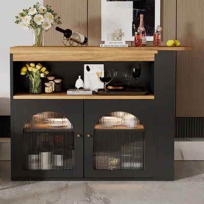 Produktbild von okwish Bartisch 138-193 x 39 x 105cm Moderner ausziehbarer Bartisch (Ausziehbarer Esstisch mit Stauraum für Esszimmer), Mit 1m langem LED Lichtstreifen, Schwarz