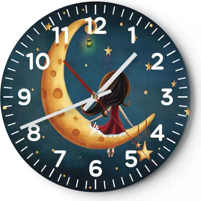 Produktbild von Wanduhr - Rund - Glasuhr - Kinder Mädchen Mond - 30x30cm - Schleichendes Uhrwerk - Lautlos - zum Aufhängen bereit - Dekoration Modern - Wanddekoration aus Glas - C4AR30x30-4683