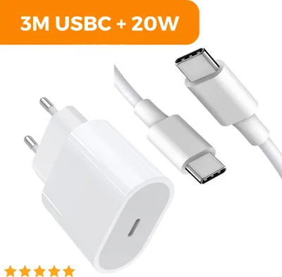 Produktbild von 20W USB-C Schnellladegerät + 3m Kabel – Universelles Netzteil für iPhone 15, Galaxy, Xiaomi & Weitere USB-C Geräte, Schnellladen, Robust