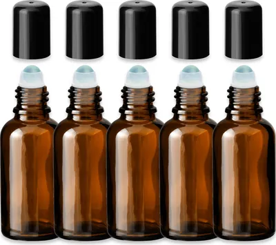 Produktbild von 5x Braune Glasflasche 30 ml Roll On mit schwarzer Kappe Glaskugel Set