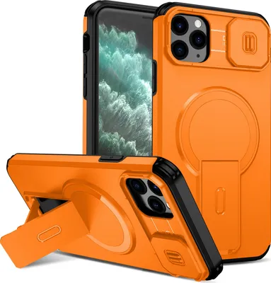 Produktbild von Magnetisch Hülle für iPhone 11 Pro Max, Dual Layer Stoßfest Handyhülle mit Dia Kameraschutz, Verstellbarem Ständer Orange