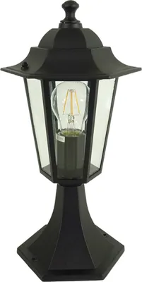 A black outdoor lamp with a clear glass enclosure and a visible LED bulb.