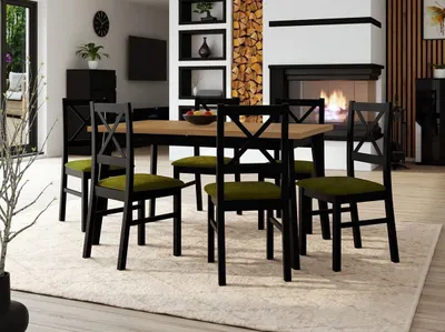 Obrázok produktu pre Rozkladací jedálenský stôl 140 cm so 6 stoličkami ADELBITE 3 - dub grandson / čierny / tmavý olivový