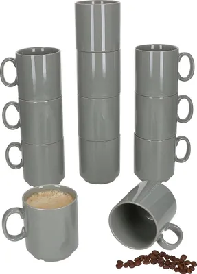 Zdjęcie produktu dla zestaw 12 kubków do kawy 250 ml z szarej porcelany, które można układać jeden na drugim