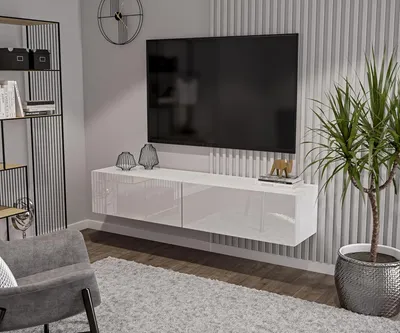 Produktbild von Weiß TV Lowboard 180 cm Hängeschrank für Wohnwand Fernsehtisch Hochglanz Front MDF Fernsehschrank Kabelöffnung Push-to-Open