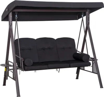 Produktbild von Outsunny 3-Sitzer Hollywoodschaukel Gartenschaukel mit Sonnendach Kissen Metall Polyester Schwarz 116 x 206 x 183 cm