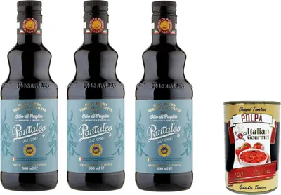 Produktbild von Pantaleo Olio Extravergine di Oliva IGP Olio di Puglia Natives Olivenöl Extra g.g.A. Öl aus Apulien 3x500ml+ Italian Gourmet polpa 400g