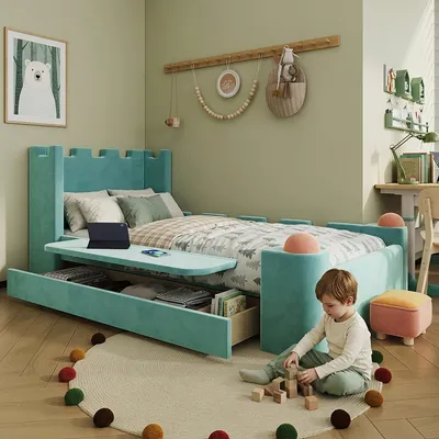 Image de Lit pour enfant Merax, modèle château, 90x200 cm, avec sommier tapissé. Lit simple en velours avec tiroir de rangement et étagère rabattable. Bords rembourrés, couleur bleu-vert