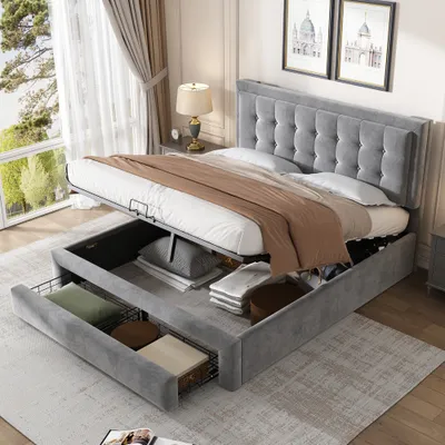 Produktbild von Grau 140x200cm Samt Polsterbett (Ohne Matratze) Doppelbett mit Lattenrost und Kopfteil, Stauraumbett, Hydraulisch Polsterbett mit 2 Schubladen