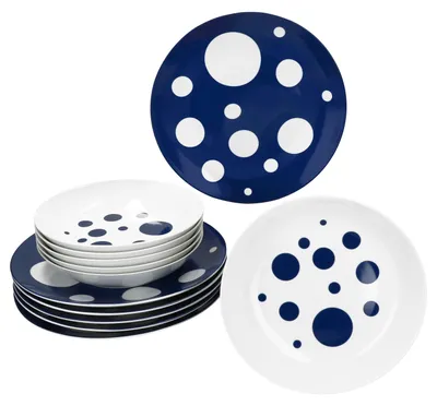Zdjęcie produktu dla Pula granatowy serwis obiadowy w kropki 12-częściowy porcelanowy talerz obiadowy talerz do zupy w kropki