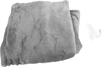 A folded gray electric blanket with a white cord attached.