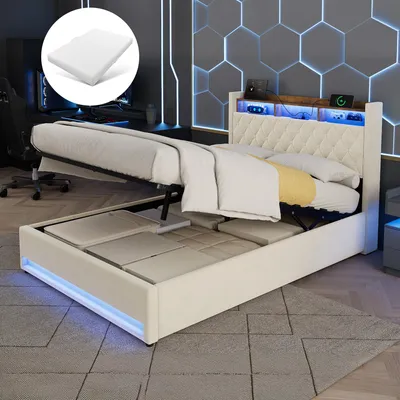 Produktbild von STILVORA Polsterbett 140×200 mit Matratze USB Steckdose und LED Bleuchtung Jugendbett Bettgestell im modernen Design mit Stauraum Kopfteil ohne Matratze, Beige