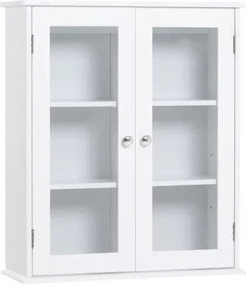 Produktbild von kleankin Badezimmer-Wandschrank mit 2 Glastüren, Mehrzweck-Hängeschrank für Küche, Wohnzimmer, mit Innenregalen und verstellbarem Regal, 55 x 20 x 65 cm, Weiß