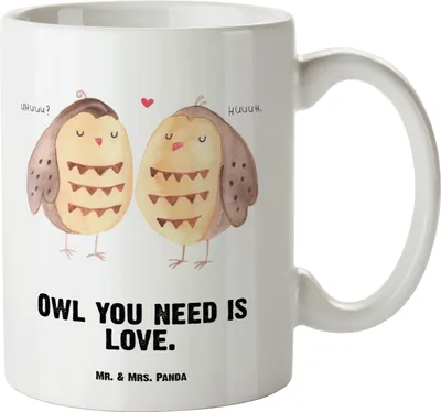 Produktbild von Mr. & Mrs. Panda Große Teetasse Eulen Liebe - Weiß - Geschenk, Pott, jumbotasse, Owl, Paar, Eule, Teepott, Tasse, Liebesspruch, Keramiktasse, weisse