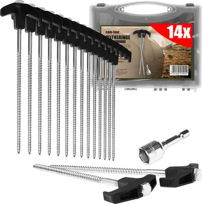 Produktbild von com-four® 14x Zelt-Heringe aus Stahl mit Adapter für Akkuschrauber - Schraubheringe in Transportbox - robuste Erdnägel mit Gewinde für Camping und Outdoor - Zeltpflöcke ideal für harten Boden