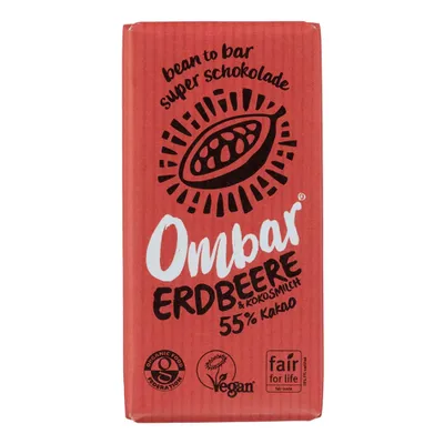 Zdjęcie produktu dla Ombar 183904, Czekolada czarna, 35 g, Truskawka, 875 kJ, 211 kcal, 17 g