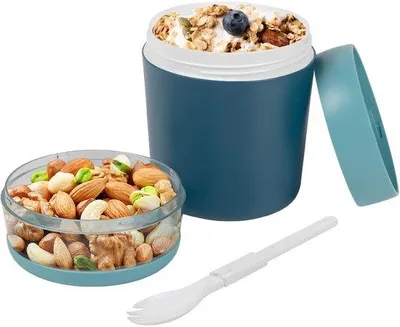 Productafbeelding van Ibenzoa® Mueslibeker voor onderweg – met lekvrije deksel, inklapbaar lepje, 650 ml, 2 compartimenten (500 + 150 ml), BPA-vrij PP, geschikt voor magnetron en vaatwasser