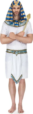 A man wearing an Egyptian pharaoh costume, holding a scepter.