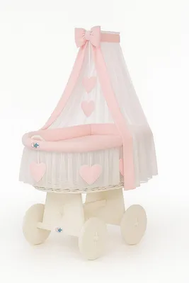 Produktbild von Moseskorb aus Weidengeflecht mit Baldachin „Amelia“ – weiß + rosa Bettwäsche