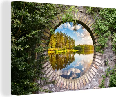 Zdjęcie produktu dla OneMillionCanvasses® - Obrazy na płótnie - 140x90 cm, Drzewa - Woda - Widok, - Otwarte okno - Widok z okna Sypialnia Art Print Dekoracja ścienna - Zdjęcie na płótnie - Obraz na drewnianej ramie