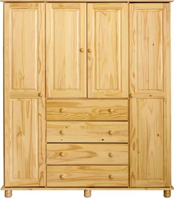 Zdjęcie produktu dla Szafa Möbilia | z 4 drzwiami, 4 szufladami | lite drewno sosnowe | naturalny kolor lakierowany | szer. 156 x gł. 52 x wys. 177 cm | 19020073 | seria SCHRANK