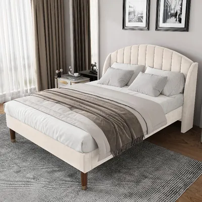 Immagine prodotto di Letto imbottito 140x190 cm, color beige, rivestito in velluto, con rete a doghe e testiera imbottita, ideale per la camera da letto