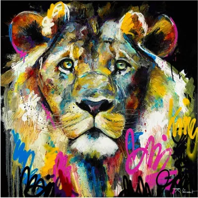 Produktbild von TPFLiving Kunstdruck LW-857 (OHNE RAHMEN) Poster - Leinwand - Wandbild - Hochauflösender Giclée-Druck, langlebig und hochwertig - Grafitti Art - Aquarell Bunter Löwe - Größe: 60x60cm