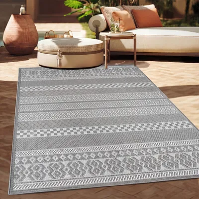Image de Tapis d'extérieur en lin tissé moderne Boho Ethno résistant aux intempéries extérieur Taille 80x150 cm