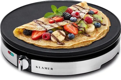 Produktbild von KLAMER Crepes Maker, Backfläche mit 30cm Ø, antihaftbeschichtete Platte, inkl. Teigverteiler und Wender aus Holz, Crepes Eisen für Crepes, Pancakes & Tortilla, 1400W